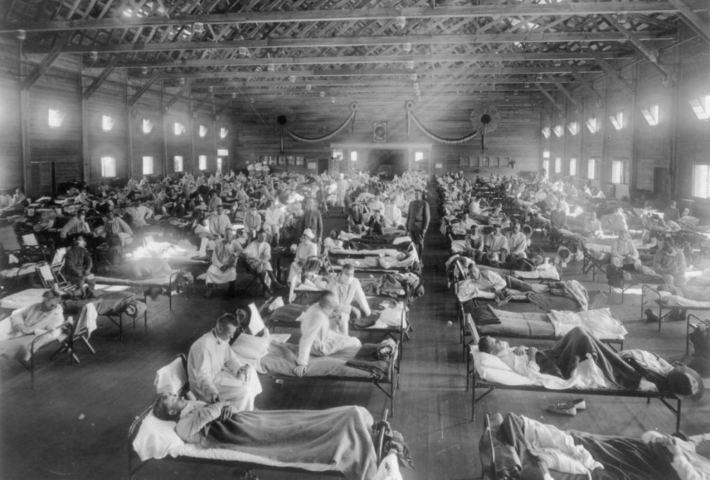 Influenza patients fill beds inInfluenza patients fill beds in an emergency hospital located at Camp Funston, a U.S. Army training camp in Kansas, during the 1918-19 influenza pandemic. National Museum of Health and Medicine/Wisconsin Watch. an emergency hospital located at Camp Funston, a U.S. Army training camp in Kansas, during the 1918-19 influenza pandemic.