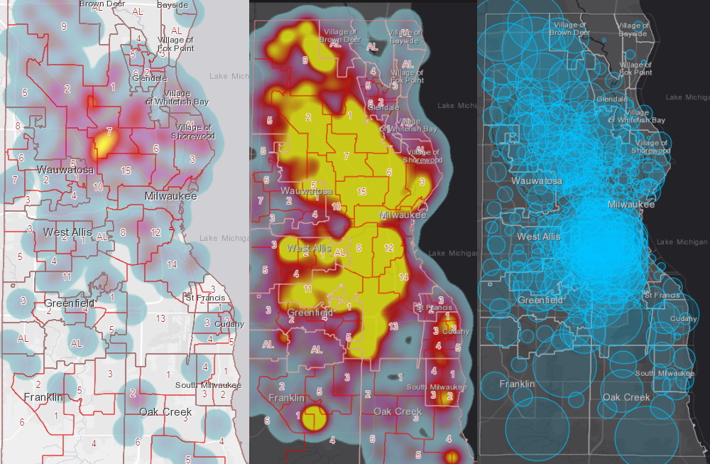 A March 2020 heat map (left), a May 2020 heat map (middle) and a May 2020 case map (right). Images from Milwaukee County COVID-19 Dashboard.