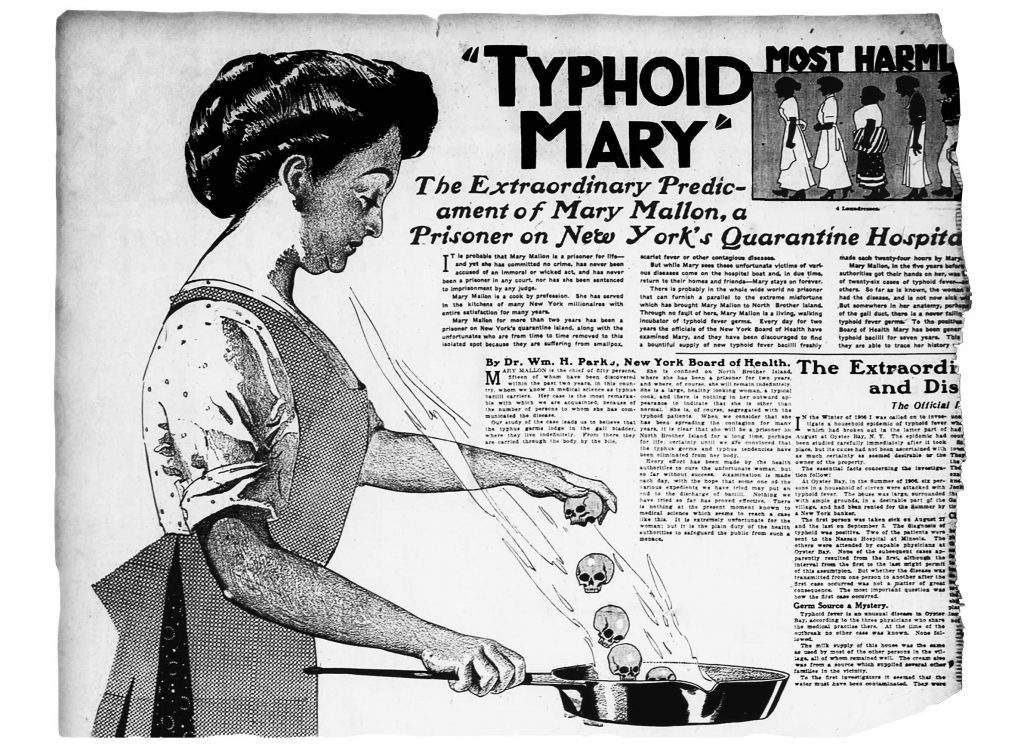 An illustration and article published in the June 20, 1909 edition of The New York American labels Mary Mallon as "Typhoid Mary" and discusses her forced quarantine. Photo from the The New York American. (Public Domain).