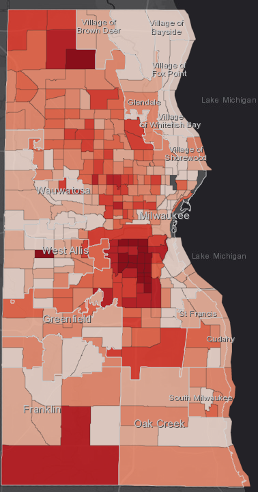 Milwaukee County per-capita COVID-19 map. Image from Milwaukee County COVID-19 dashboard.
