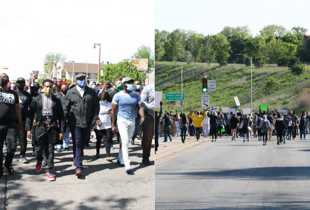 Pastors Micaiah Young, Raymond Monk and Kenneth Lock II lead a prayer march, while a second march involved protesters nearly walking on the freeway. Photos by Jeramey Jannene.