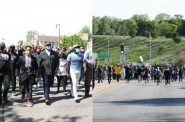 Pastors Micaiah Young, Raymond Monk and Kenneth Lock II lead a prayer march, while a second march involved protesters nearly walking on the freeway. Photos by Jeramey Jannene.