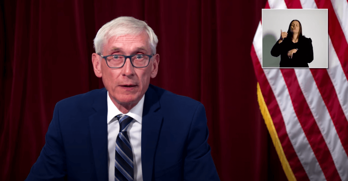A somber Gov. Tony Evers speaks to the media during Thursday's Department of Health Services briefing. Screenshot from DHS YouTube channel.