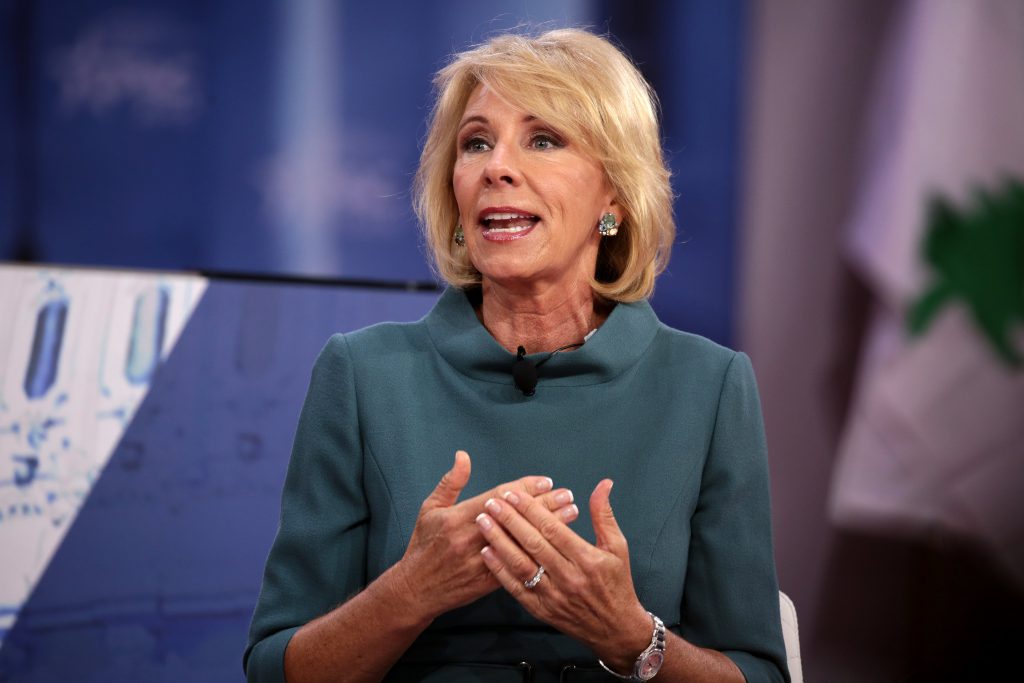 U.S. Secretary of Education Betsy DeVos speaking at the 2018 Conservative Political Action Conference (CPAC) in National Harbor, Maryland. By Gage Skidmore. (CC BY-SA 2.0) https://creativecommons.org/licenses/by-sa/2.0/deed.en