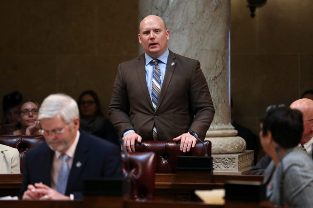Caleb Frostman, secretary of the state Department of Workforce Development, seen here addressing the legislature on Dec. 4, 2018, at the Wisconsin State Capitol in Madison, Wis., while serving as a state senator. Coburn Dukehart/Wisconsin Watch