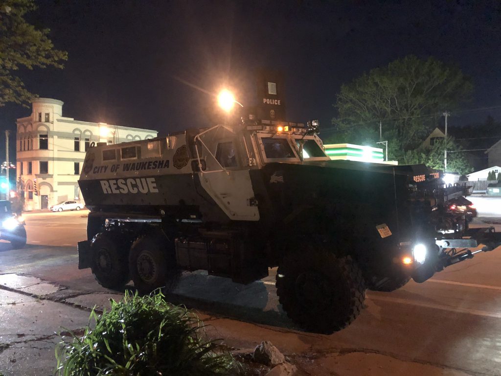 The Waukesha Police Department's MRAP was in Milwaukee during the early days of the protests. Photo by Jeramey Jannene.