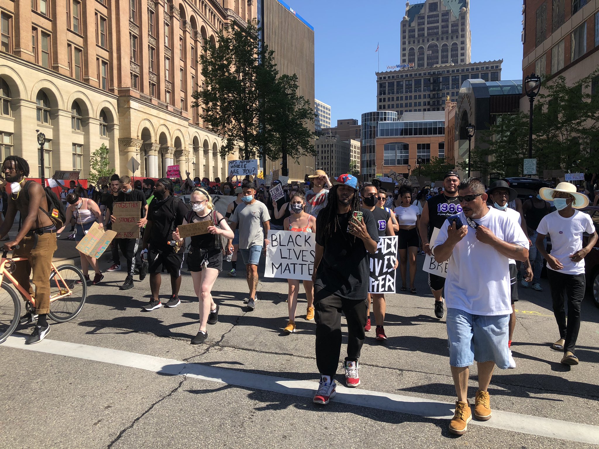 Frank Nitty and Rafael Mercado lead a march in downtown Milwaukee on Tuesday June 2, 2020. Photo by Jeramey Jannene.