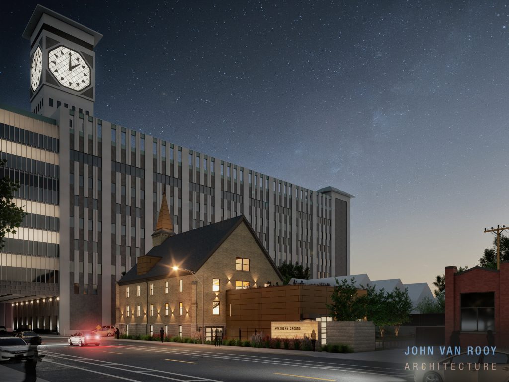 Rendering of 202 W. Scott St. in the shadow of Rockwell Automation clock tower. Rendering by John Van Rooy Architecture.