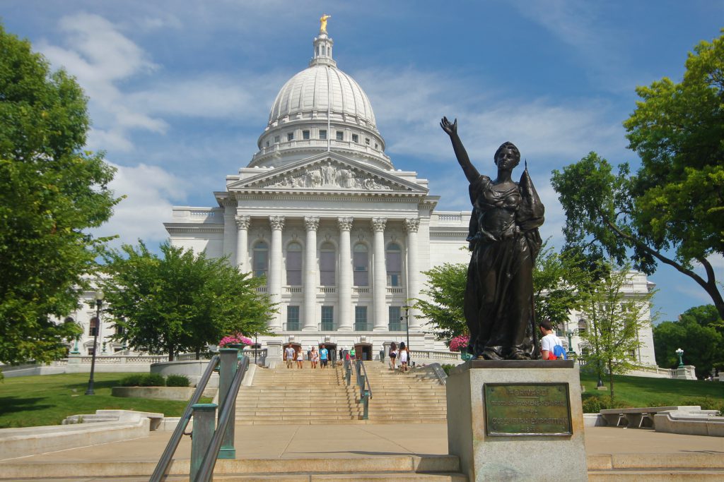 Forward statue at the Wisconsin Capitol in 2014. File photo by F McGady / CC BY-SA (https://creativecommons.org/licenses/by-sa/4.0)