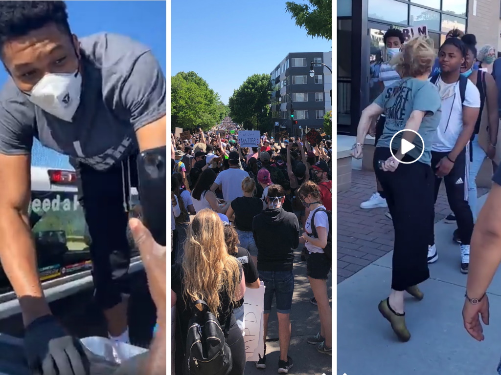 Giannis Antetokounmpo, marches in Shorewood and Milwaukee, and Stephanie Rapkin spitting. Images from Frank Nitty (video still), Jeramey Jannene and Caress Gonzalez Rodriguez (video still).