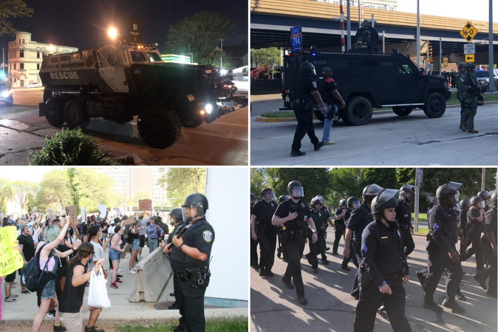 Clockwise from top left - City of Waukesha MRAP, state police BearCat, police officers in riot gear marching, officers with batons defend MPD HQ. Photos by Jeramey Jannene.