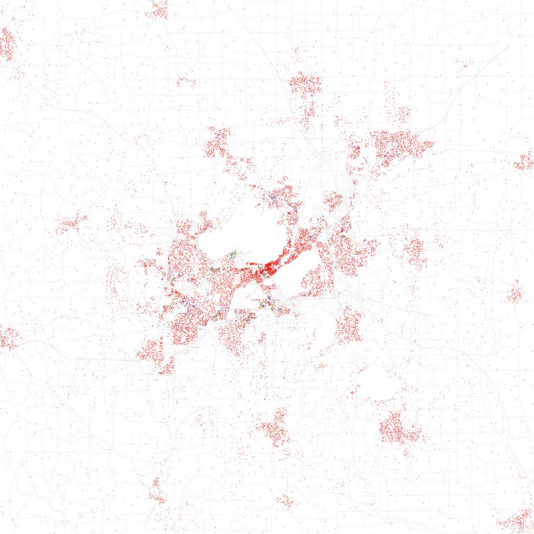 Known as a racial dot map, this graphic depicts the racial demographics in Madison and surrounding communities. Each dot represents 25 people, with red dots for white residents, blue for Black residents, green for Asian residents, orange for Hispanic residents and yellow standing for residents of other racial backgrounds. It is based on 2010 U.S. Census data. Map by Eric Fischer (CC BY-SA 2.0) https://creativecommons.org/licenses/by-sa/2.0/