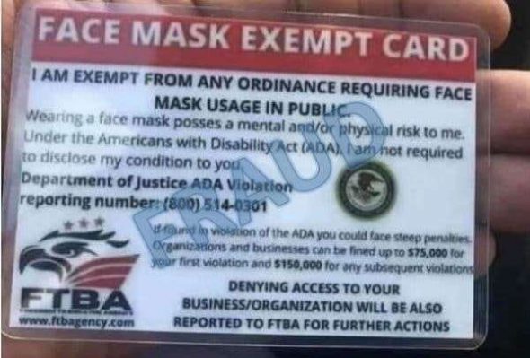 Mask exemption cards are fake. Photo courtesy of the Wisconsin Better Business Bureau.