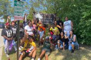 Frank Nitty (back row, hat, left of W in Winnetka) and Tory Lowe (back row, right, sunglasses) pose with fellow marchers in Winnetka, Illinois on march to Washington D.C. Photo courtesy Frank Nitty.