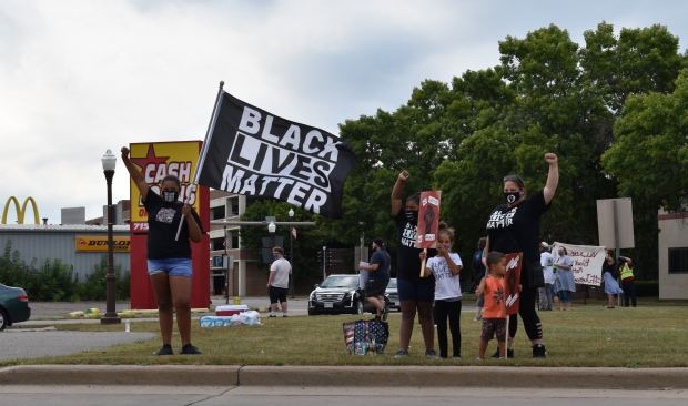 Protesters gathered in Wausau on Tuesday, Aug. 25, 2020, to demonstrate against the shooting of Jacob Blake in Kenosha. Rob Mentzer/WPR