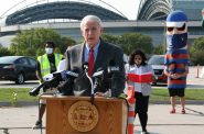 Mayor Tom Barrett speaks at a voter registration press conference at Miller Park. Photo by Jeramey Jannene.