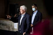 Vice President Mike Pence points at attendees as he exits Morning Star Dairy on Friday, July 17, 2020, in Onalaska, Wis. Angela Major/WPR