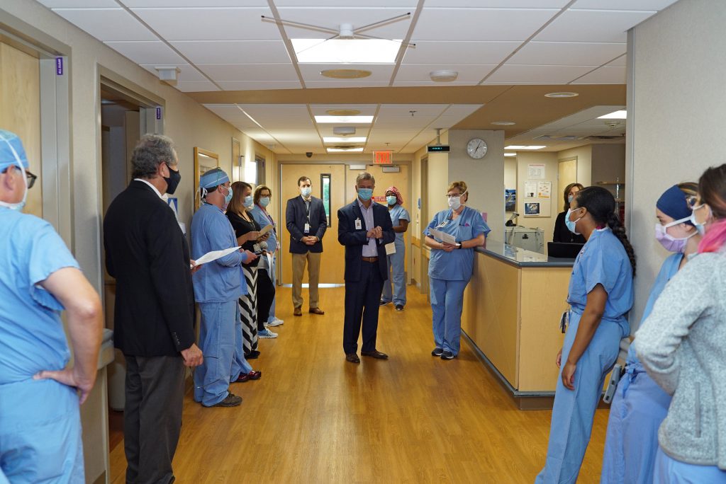 Staffers gather earlier this month for a blessing for the new obstetrics emergency department at Ascension St. Joseph’s Hospital. Photo provided by Victoria Schmidt/Ascension Wisconsin.