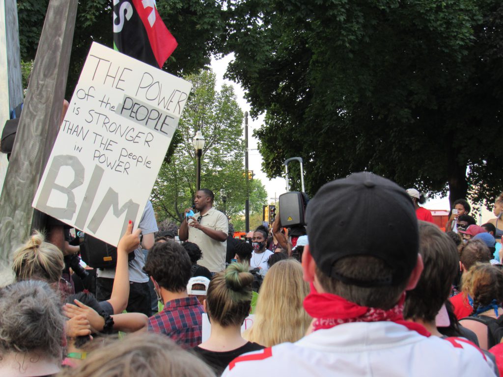 Protesters gather in Kenosha the second night of protests on August 24th, 2020. This was before the clashes with police later that night. Photo by Isiah Holmes/Wisconsin Examiner.