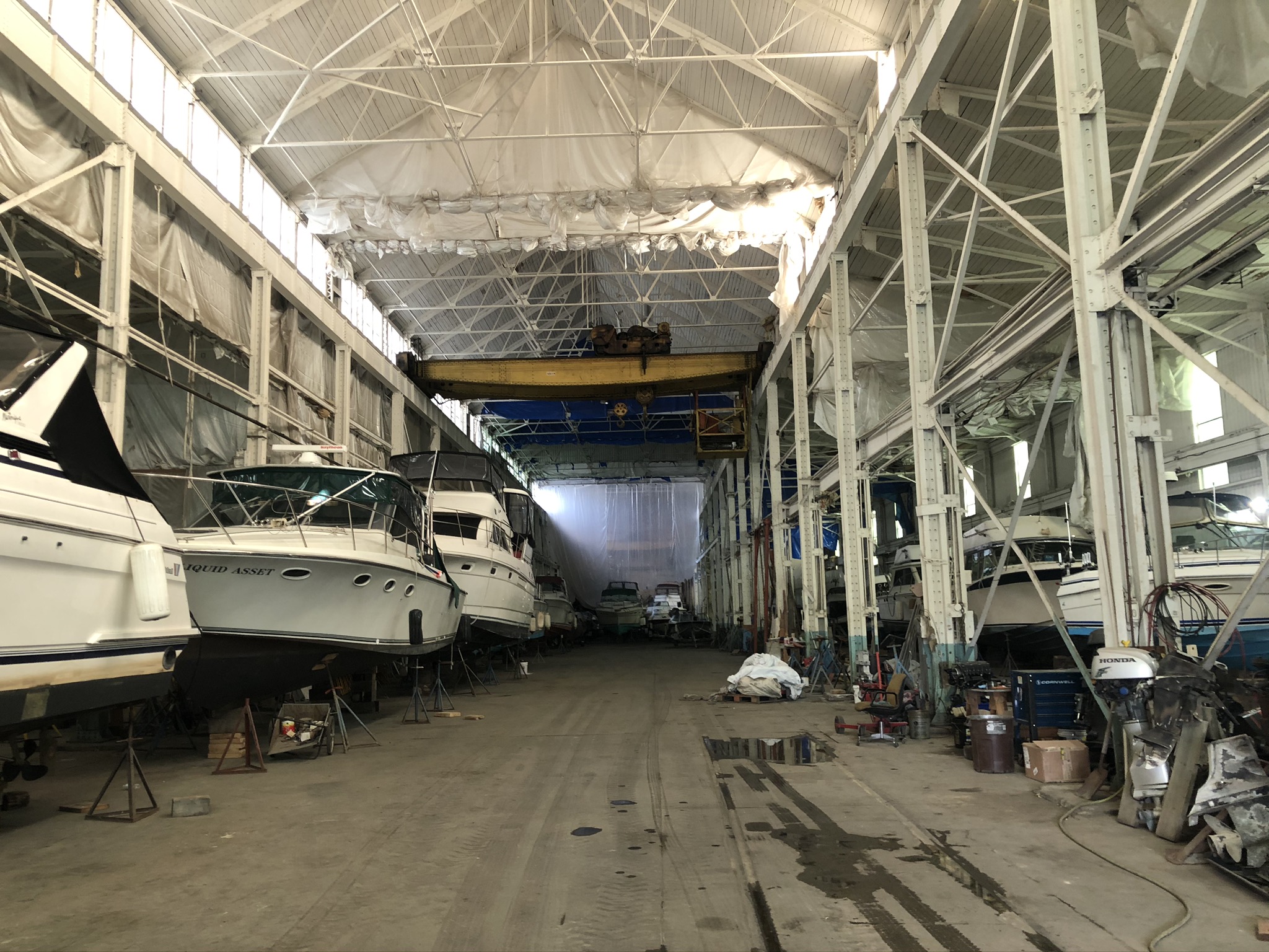 The eastern manufacturing building at the Filer & Stowell complex is now used for boat storage by Southwind Marine. Photo by Jeramey Jannene.