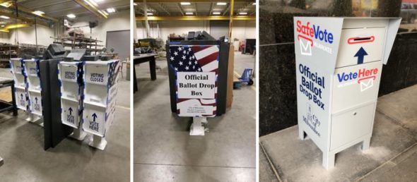 Ballot drop boxes, permanent boxes in left two images. Photos from Milwaukee Election Commission and Jeramey Jannene.