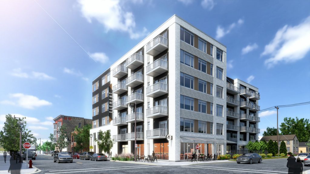 The proposed Element apartment building for 5th and Mineral. Rendering by Korb + Associates Architects.