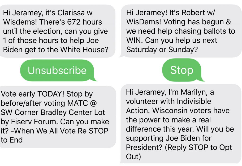 Campaign text messages. Images from Jeramey Jannene.