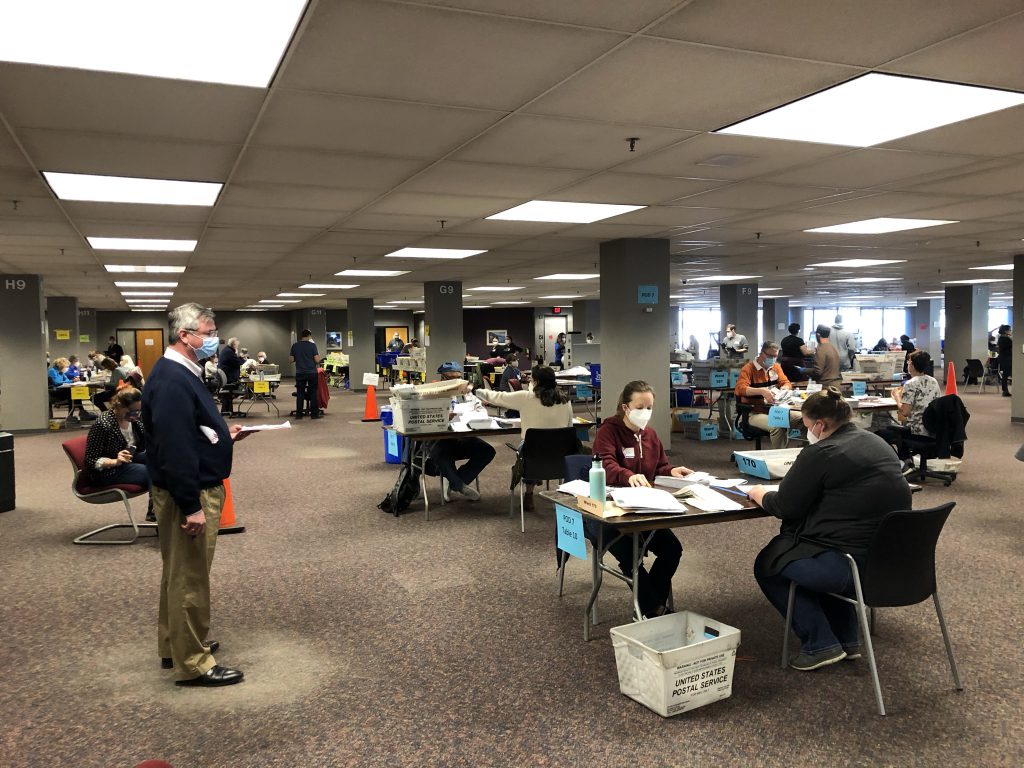 Ballot processing at Milwaukee's central count facility. Photo by Jeramey Jannene.