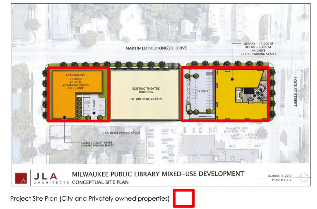 The 2019 site plan for the library's redevelopment. Image from Young Development Group, JLA Architects and City of Milwaukee.