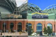 Miller Park and American Family Field signs. Photo by Jeramey Jannene. Rendering submittted to the city by the Milwaukee Brewers/Jones Sign Co.