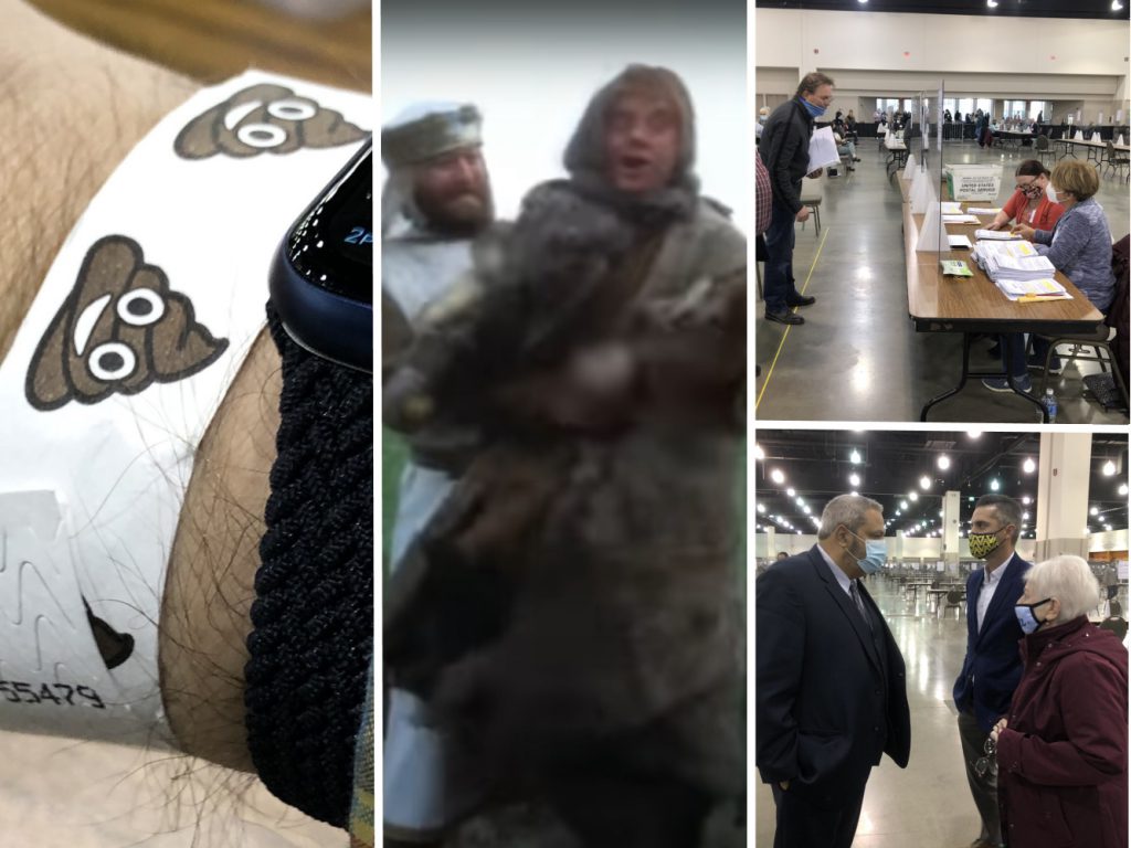 The poop emoji wristband, the peasant scene from Monty Python and the Holy Grail, recount observers (top right) and Milwaukee County commissioners (bottom right). Recount photos by Jeramey Jannene. Monty Python image captured from YouTube.