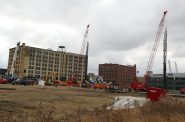 Pile drivers work on a foundation for Rite-Hite's R&D building. Photo by Jeramey Jannene.