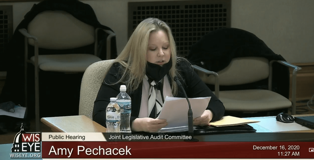 Amy Pechacek, transition director at the Wisconsin Department of Workforce Development, testifies Wednesday before the Joint Legislative Audit Committee. Wisconsin Eye screen capture.