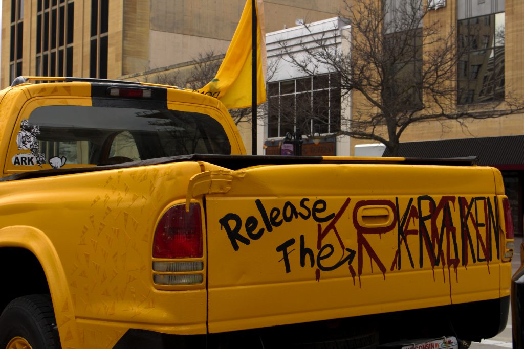 Release the Kraken is catchphrase for right wing conspiracies signifying the dubious legal strategy of conservative lawyer Sidney Powell. Henry Redman/Wisconsin Examiner.