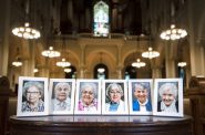From left, photos of Sister Mary Francele Sherburne, Sister Josephine Seier, Sister Bernadette Kelter, Sister Mary Regine Collins, Sister Marie June Skender and Sister Annelda Holtkamp can be seen inside of a chapel in Milwaukee. The six died from complications of COVID-19. Angela Major/WPR