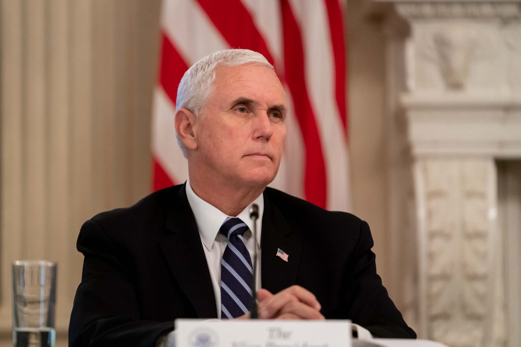 Vice President Mike Pence participates in a roundtable with executives in the State Dining Room of the White House Wednesday, April 29, 2020, to discuss a plan to reopen America. Official White House Photo by Andrea Hanks, public domain.