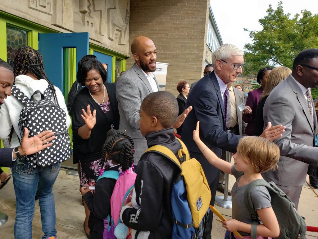 Back to School welcome 2019 with Carolyn Stanford Taylor, Mandela Barnes and Tony Evers. File photo from the of Office of Gov. Evers.
