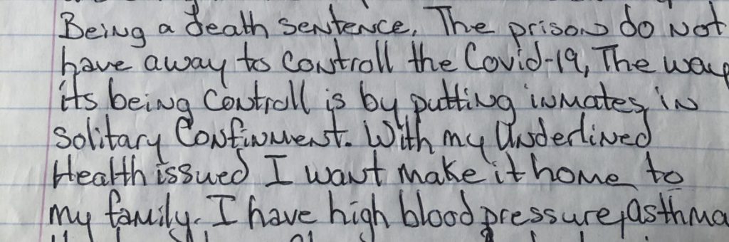 This is an excerpt from Calvin Johnson’s October 2020 request to modify his 13-year prison sentence due to the pandemic, which was denied. Johnson lived with high blood pressure, asthma, sleep apnea and fear of contracting COVID-19 inside the crowded Prairie du Chien Correctional Institution. “With my underlined (sic) health issues,” he wrote, “I want to make it home to my family.” Johnson died of COVID-19 on Nov. 30. Courtesy of Jereldine Johnson