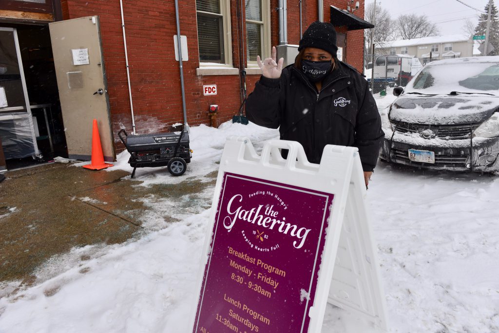 Angela Wright, pictured here in front of The Gathering’s Running Rebels location, has been serving meals at The Gathering for nearly six years. Photo by Sue Vliet/NNS.
