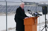 Mayor Tom Barrett speaks at the opening of a new solar installation at 1600 E. College Ave. Photo by Graham Kilmer.