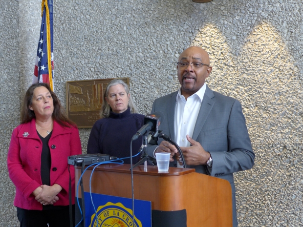 Wisconsin Department of Natural Resources Secretary Preston Cole, right, says new investments in water quality programs are needed in the next state budget during a visit to La Crosse on March 1, 2019. File photo by Hope Kirwan/WPR.