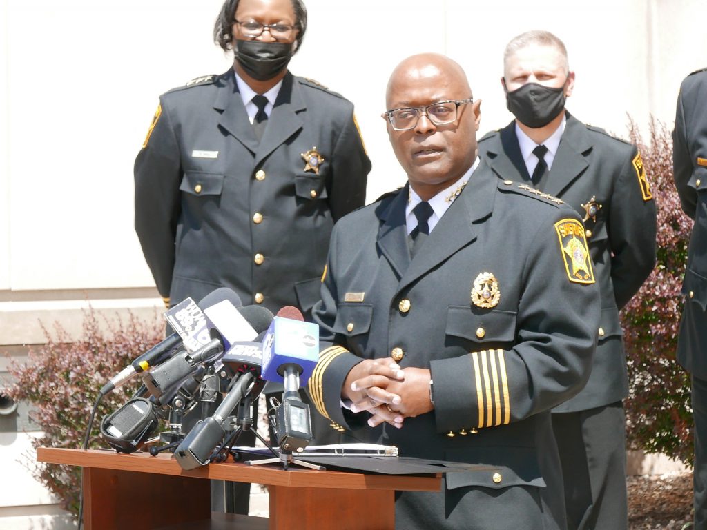 Milwaukee County Sheriff Earnell Lucas speaks at today's press conference. Photo taken May 17th, 2021 by Graham Kilmer.