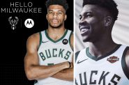 Giannis Antetokounmpo wearing Motorola patch jersey and Harley-Davidson patch jersey. Images from Bucks.