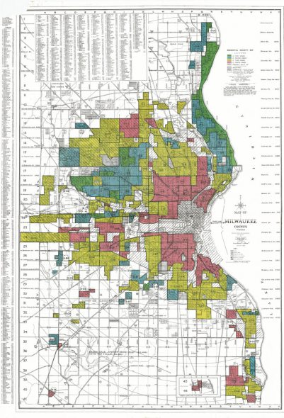 A 1938 map of Milwaukee depicts how the government-sponsored Home Owners’ Loan Corporation graded neighborhoods in Milwaukee — a process now known as redlining that fueled segregation and economic disparities in American cities. The visually appealing areas composed of white residents were given a grade of A and coded green. Areas coded blue, or grade B, were deemed “still desirable.” Yellow-coded areas, or grade C, were defined as “definitely declining,” while an area categorized as red was labeled “hazardous” for investment. “Redlining meant that a neighborhood that had the presence of inharmonious racial groups would be color coded red,” says Kurt Paulsen, a University of Wisconsin-Madison expert on housing affordability. “That was both Black neighborhoods and white neighborhoods that had a significant presence of people of color.” Credit: National Archives