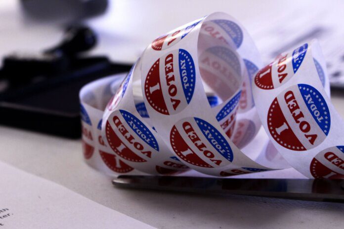 "I voted" stickers in Primrose. Photo by Henry Redman/ Wisconsin Examiner.