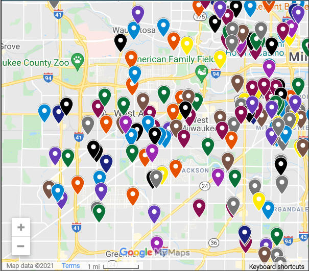 A screenshot of drug deaths in the West Allis area during 2019. Notice the wide spread toward the west. Screenshot/Wisconsin Examiner.