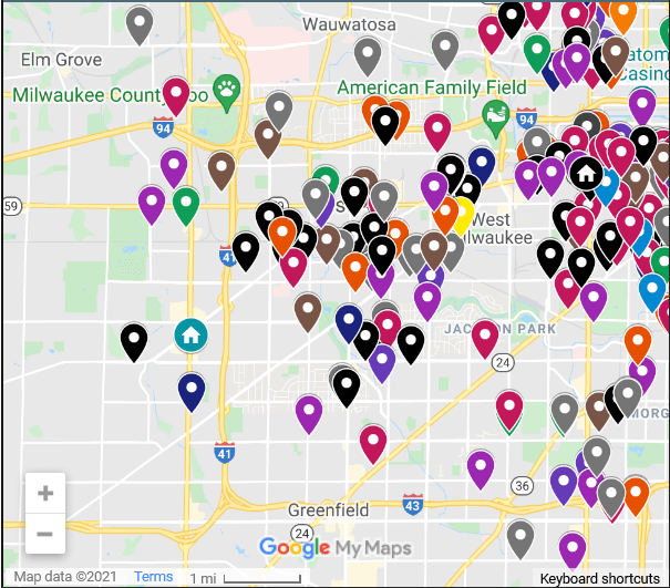 A screenshot of drug overdoses in the West Allis area during 2020. Notice the icon where a Community Medial Serivces clinic is located, and how there are significantly fewer deaths in the area. Screenshot/Wisconsin Examiner.
