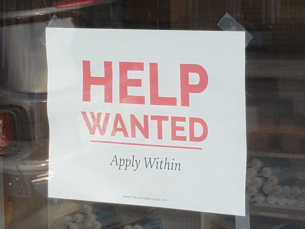 Help Wanted sign, Madison, Wisconsin, June 1, 2021. Photo by Erik Gunn/Wisconsin Examiner.