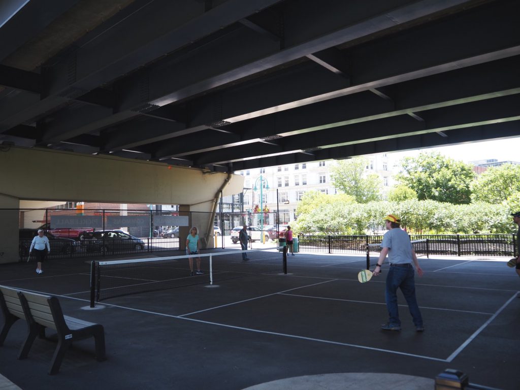 The pickleball courts under Interstate 794. This photo was taken June 18th, 2021 by Angeline Terry.