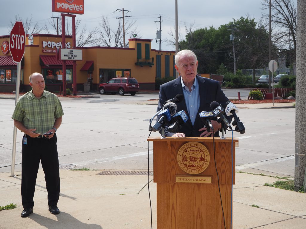 Mayor Tom Barrett announces reckless driving proposal alongside Public Works Commissioner Jeff Polenske. Photo by Jeramey Jannene.